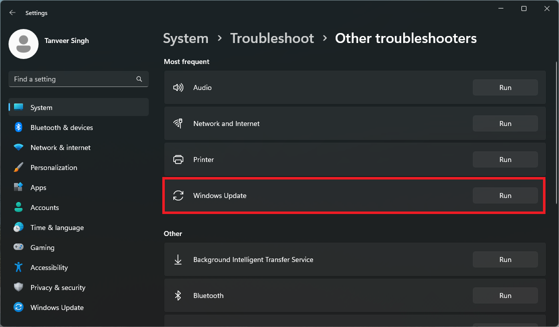 Clicking "Run" next to Windows Update troubleshooter.