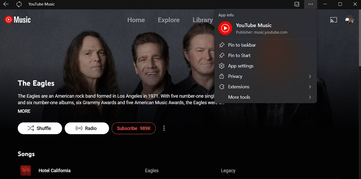 YouTube Music app showing browser options. 