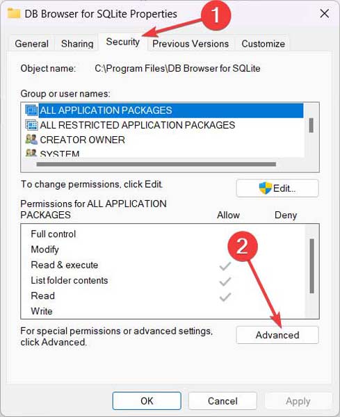 Clicking on "Advanced" button in program properties. 