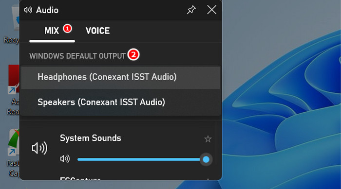 Clicking "Mix" tab in Game Bar to view Windows Default Output options. 