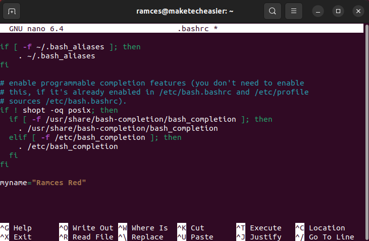 A terminal showing a new permanent variable inside the bashrc file.