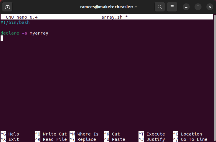 A terminal showing the declaration step for an array.