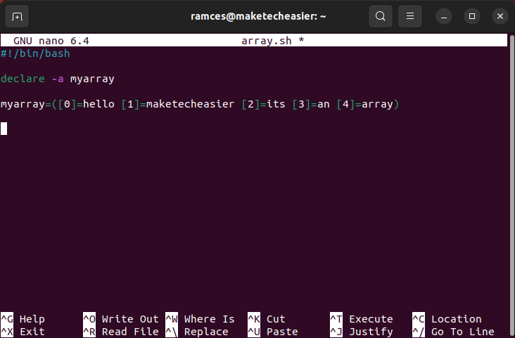 A terminal showing a basic array with 5 elements.
