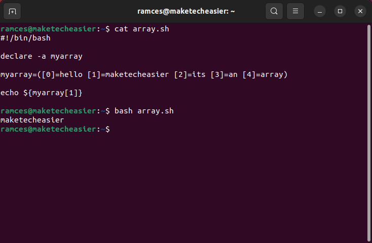 A terminal showing the array script fetching a single array element.