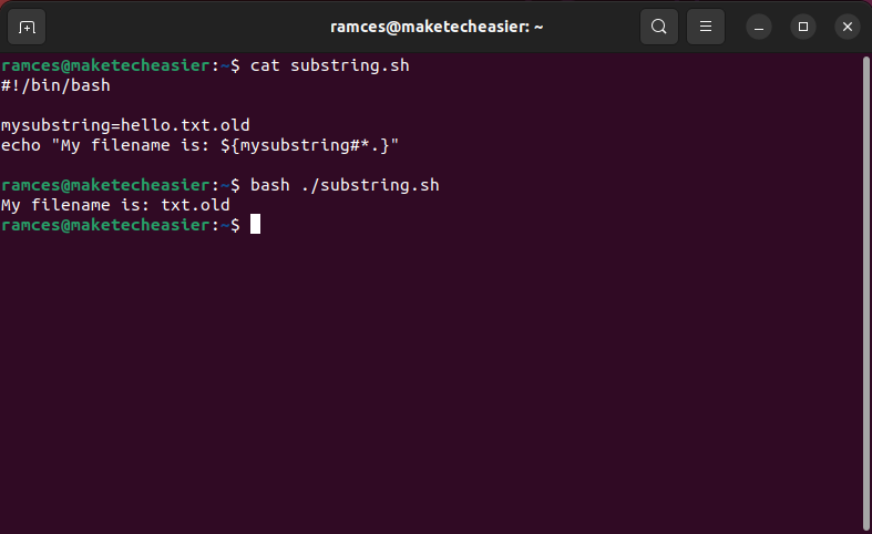 A terminal showing the basic prefix substring manipulation.