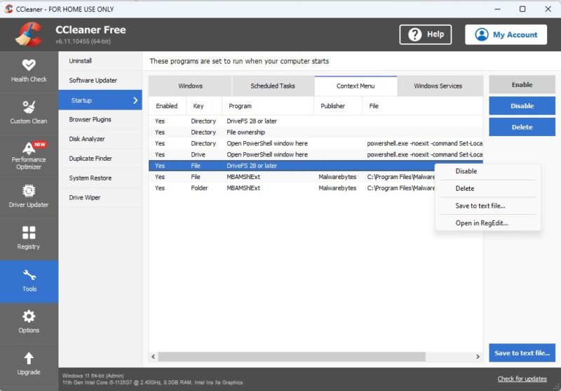 Editing the context menu in CCleaner.