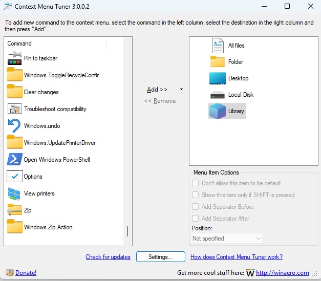 Organizing menu items in Context Menu Tuner