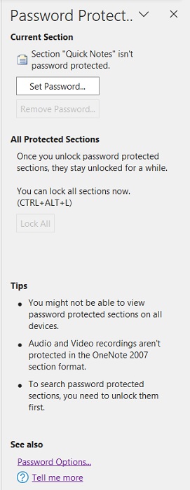 Click "Set Password" button in OneNote.