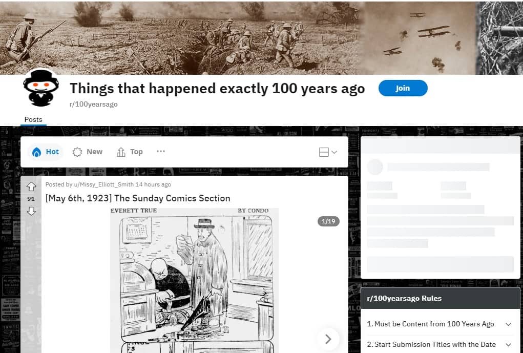 100 Years Ago subreddit view.