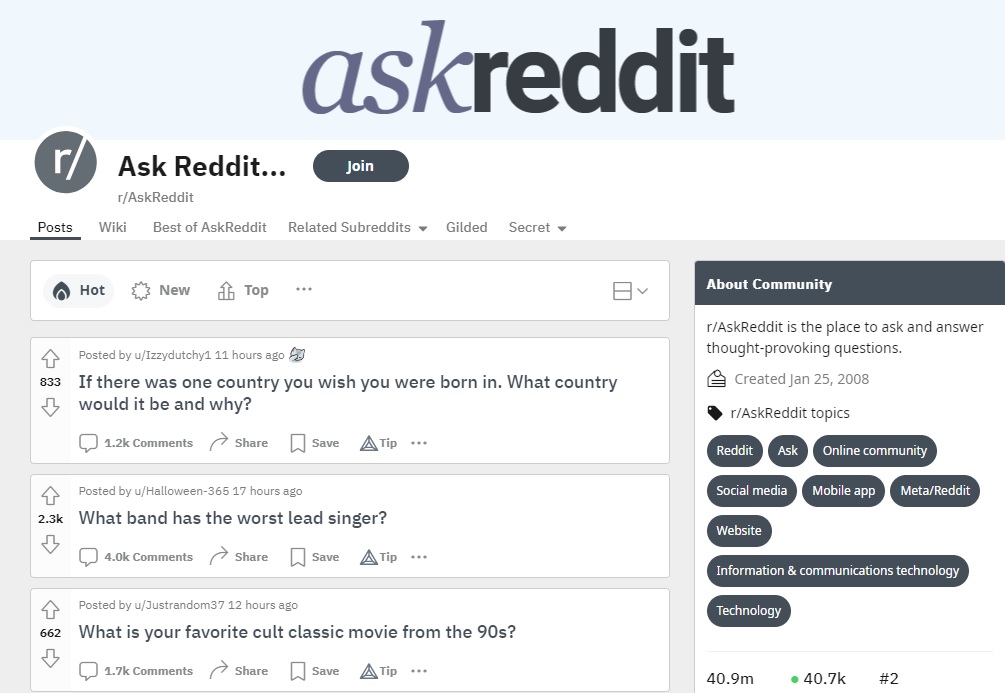 AskReddit subreddit view.