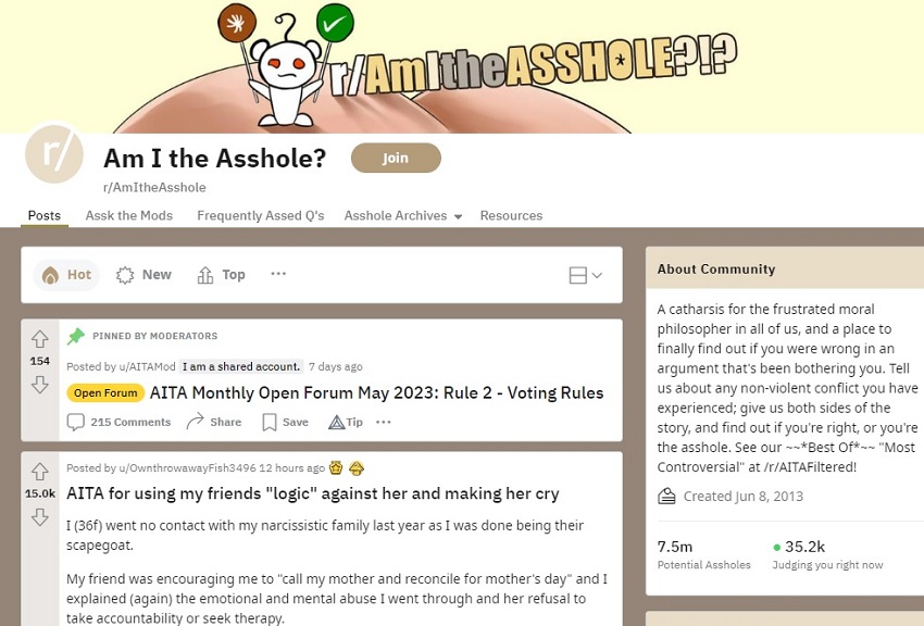 Am I the Asshole subreddit view.