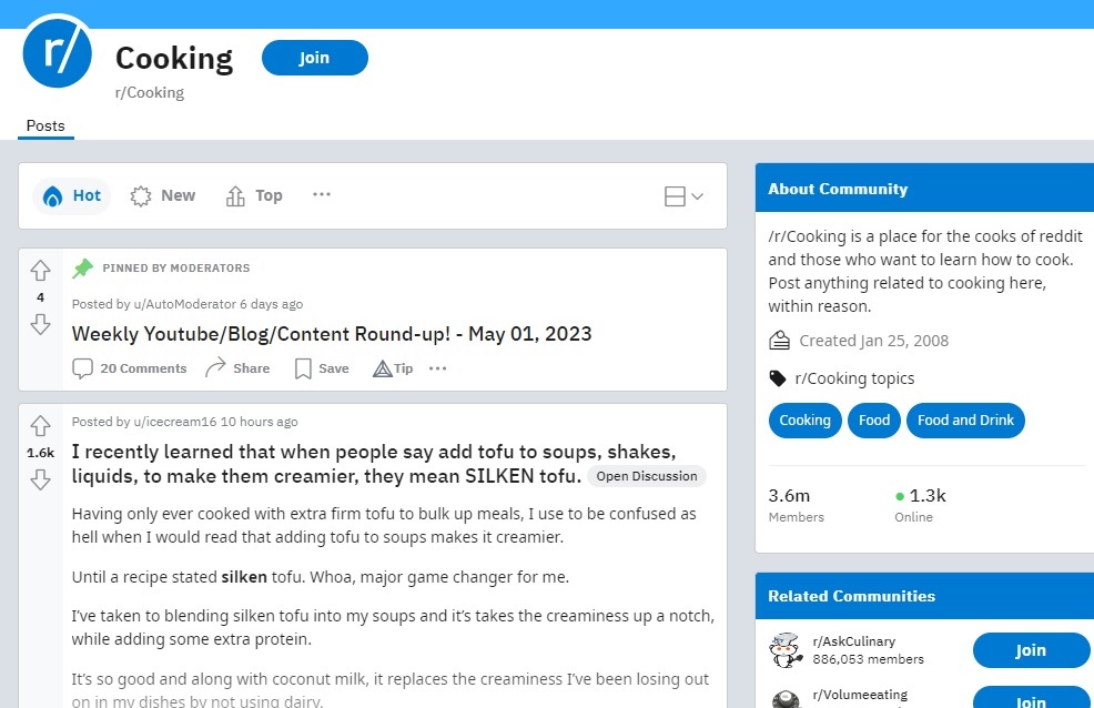 Cooking subreddit view.
