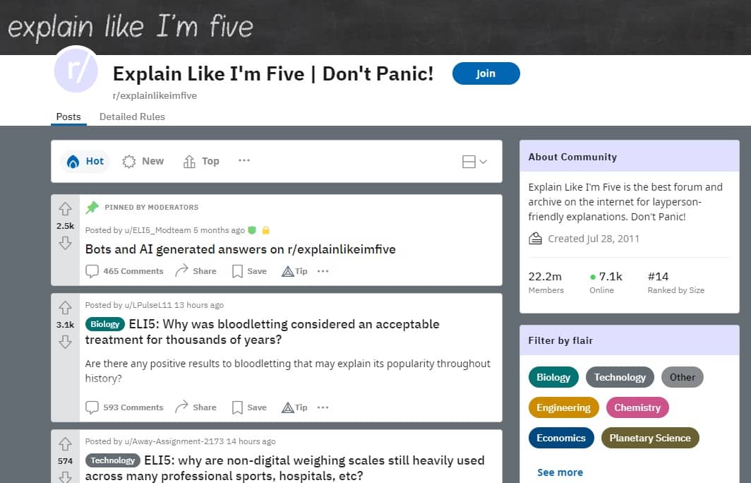 Explain Like I'm Five subreddit view.