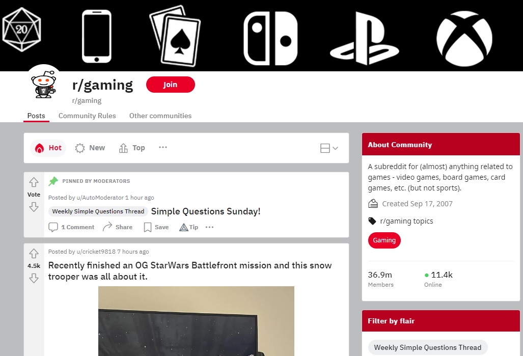 Gaming subreddit view.