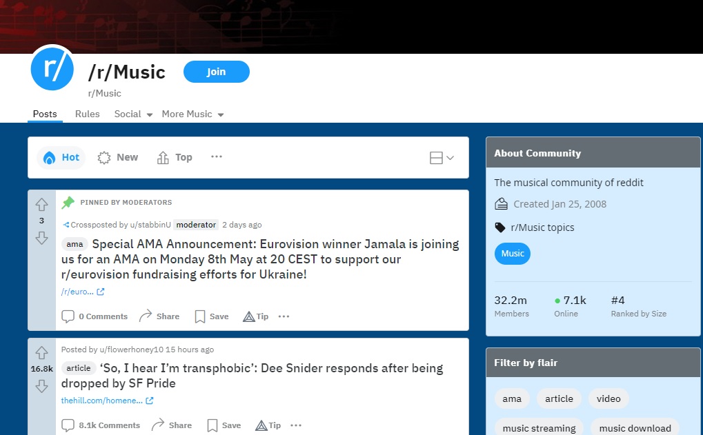 Music subreddit view.