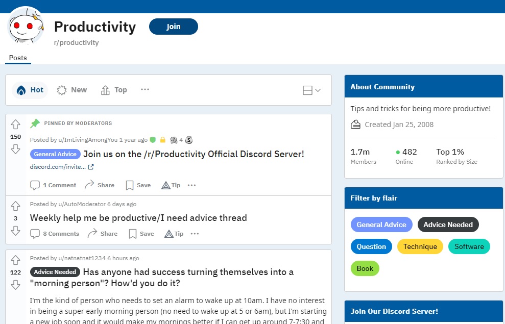 Productivity subreddit view.