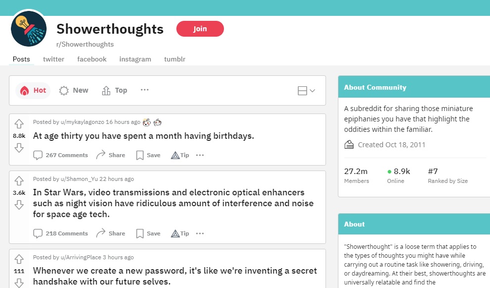Shower Thoughts subreddit view.