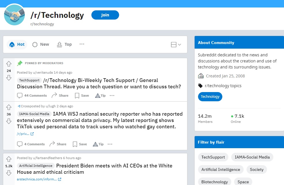 Technology subreddit view.