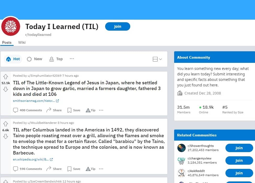 TodayILearned subreddit view.