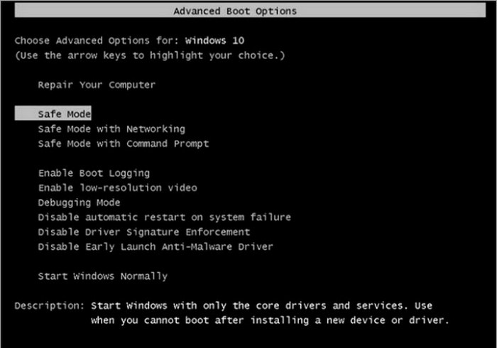 Advanced Boot Options with Safe Mode visible. 