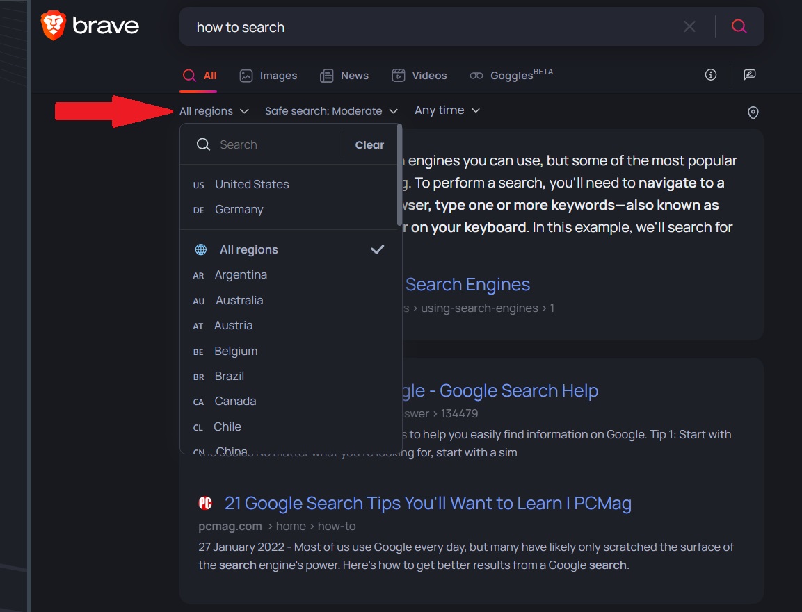 Brave search results all regions