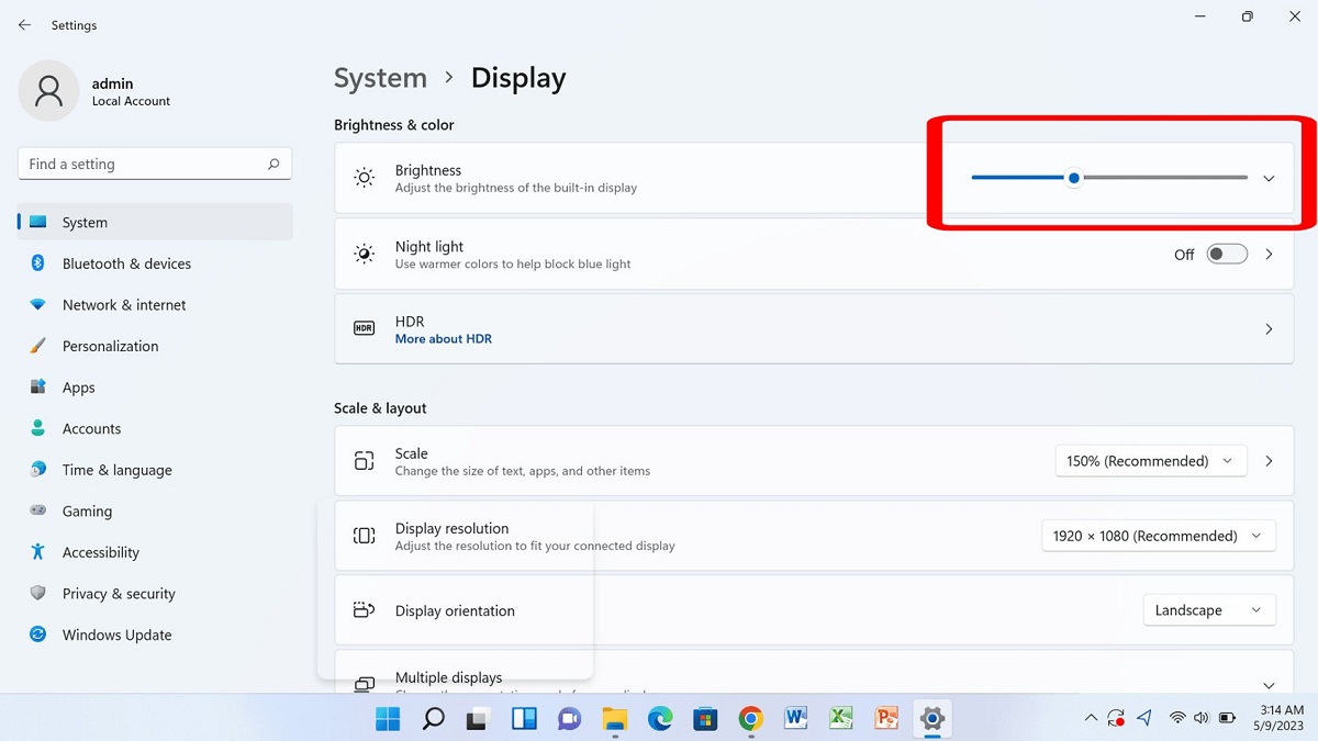 Brightness slider in Windows Settings view. 