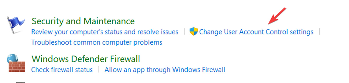Clicking on "Change User Account settings" in Control Panel. 