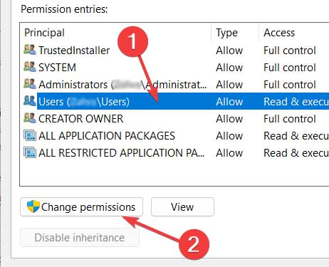 Pressing on "Changing permissions" button in program properties.