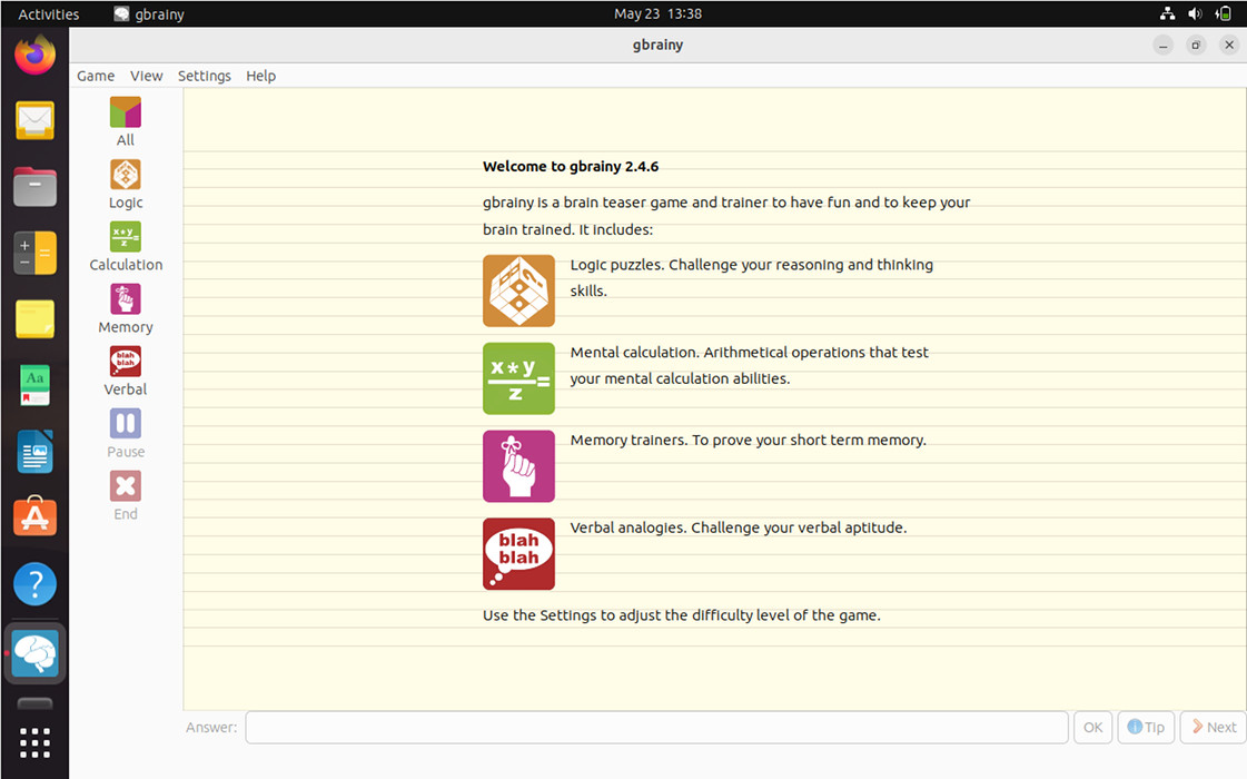 A screenshot showing gBrainy running in Edubuntu.