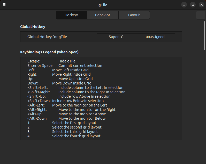 A screenshot showing the list of options for the gTile spice program.