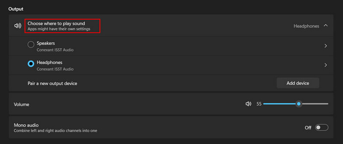 Expanding "Choose where to play sound" to view options. 