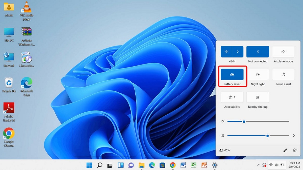 Turning on "Battery Saver" option from Action Center.