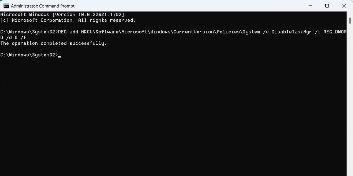 The command to enable Task Manager in CMD on Windows.