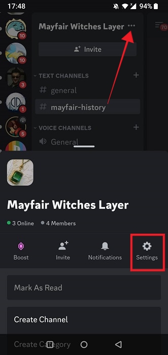 Selecting "Settings" icon in Discord mobile app. 