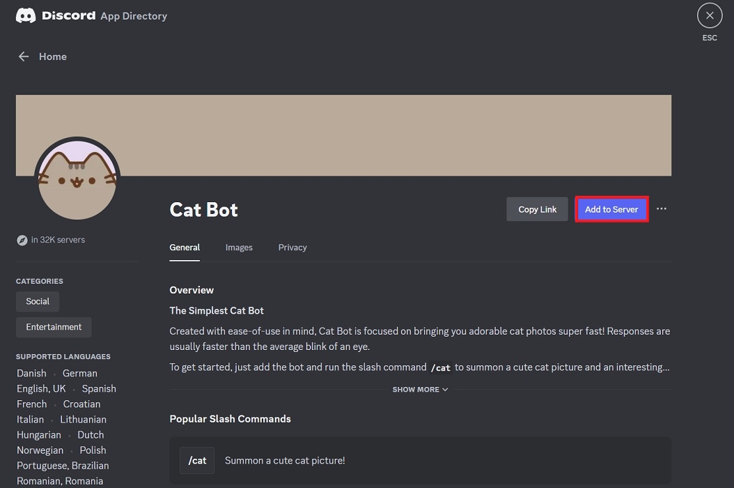 Selecting "Add a Server" button from App page in Discord for PC.