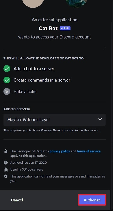 Click "Authorize" button in Discord for PC. 