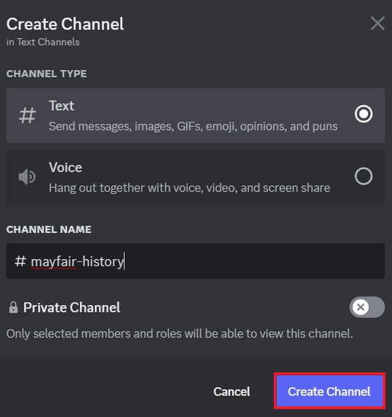 Clicking on "Create channel" button in Discord for PC.