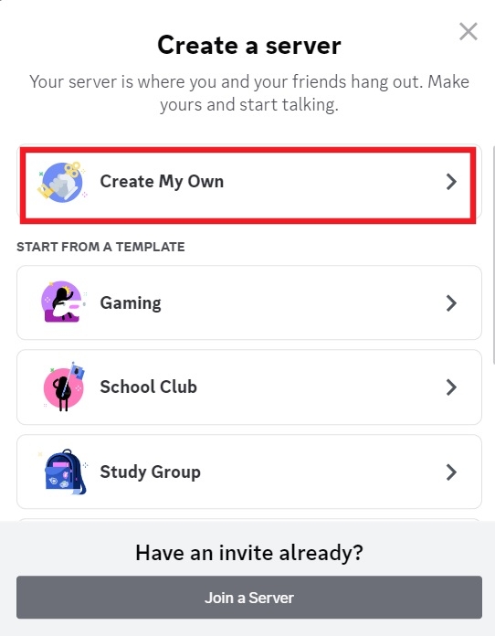 "Create My Own" button in Discord for PC.