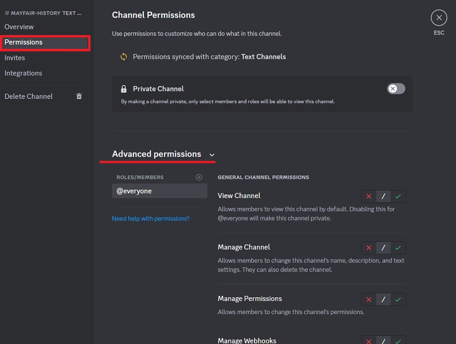 Permissions options for new channel in Discord for PC.