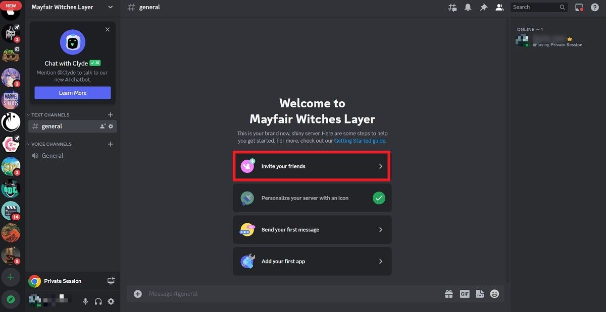 Clicking on "Invite your friends" button from server welcome screen. 