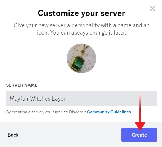 Naming your server and pressing "Create" button.