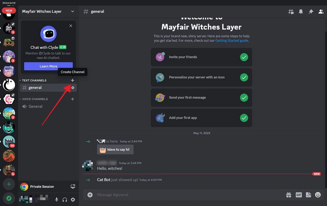 Clicking on "+" button to create new channel in Discord for PC.
