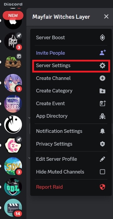 Clicking on "Server Settings" in Discord on PC.