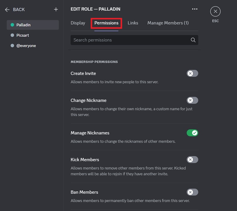 Switching to "Permissions" tab in Discord for PC.  