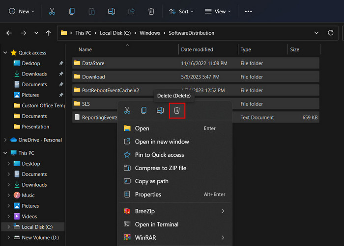 Deleting all contents from SoftwareDistribution folder via File Explorer.