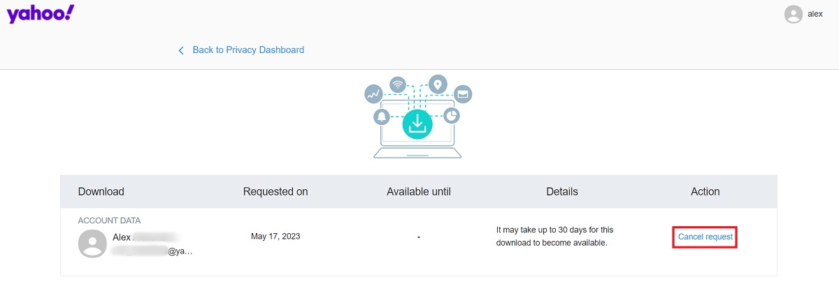 Clicking "Cancel request" in Privacy Dashboard.