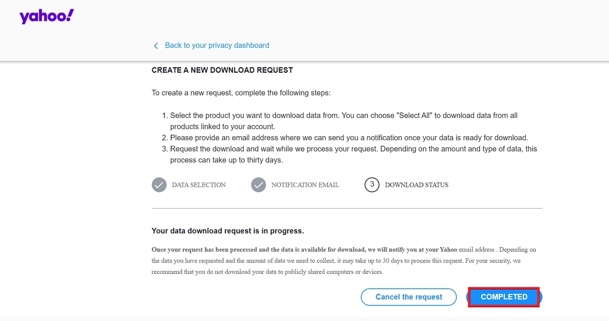 Pressing on "Completed" button in Privacy Dashboard.