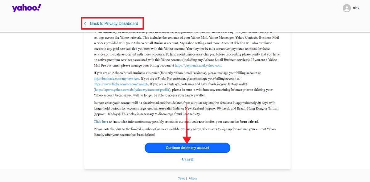 Clicking on "Continue delete my account" button. 