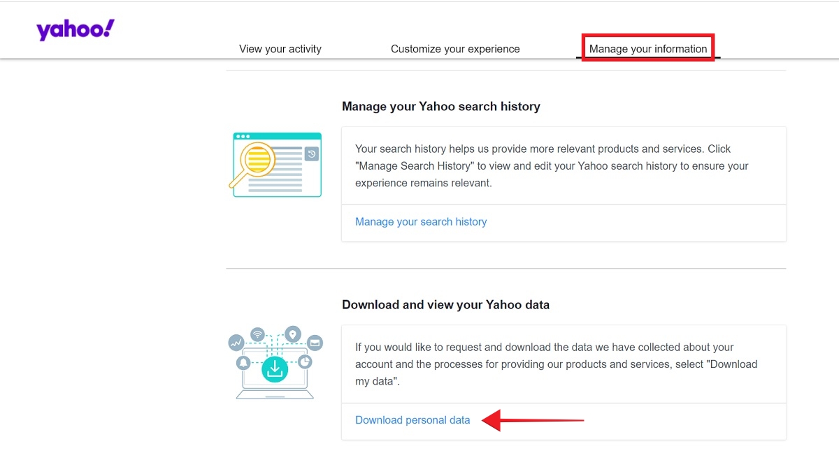 Clicking on "Download personal data" button in "Manage your information" tab. 