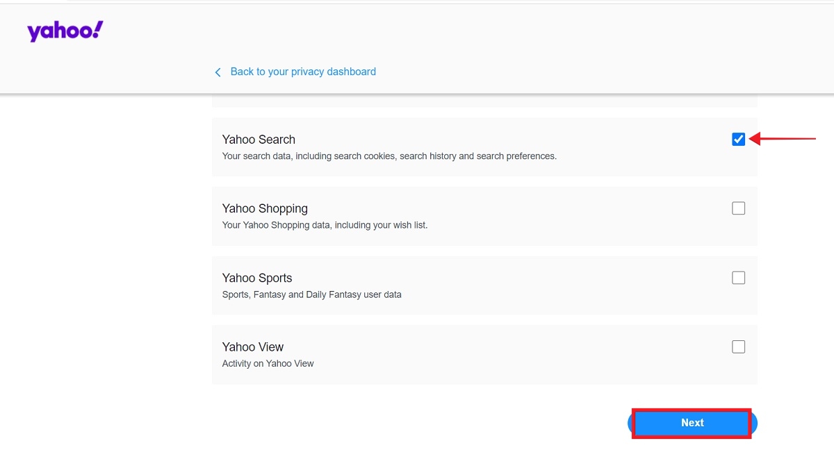 Selecting Yahoo Mail data & more which you want to retain. 